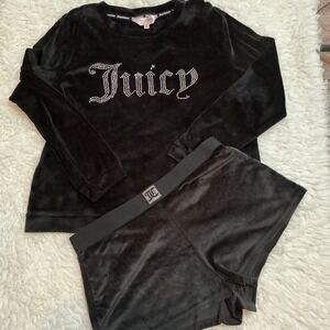 Juicy Couture Black Velour Rhinestone Logo Crewneck Long Sleeve Top Shorts Set M